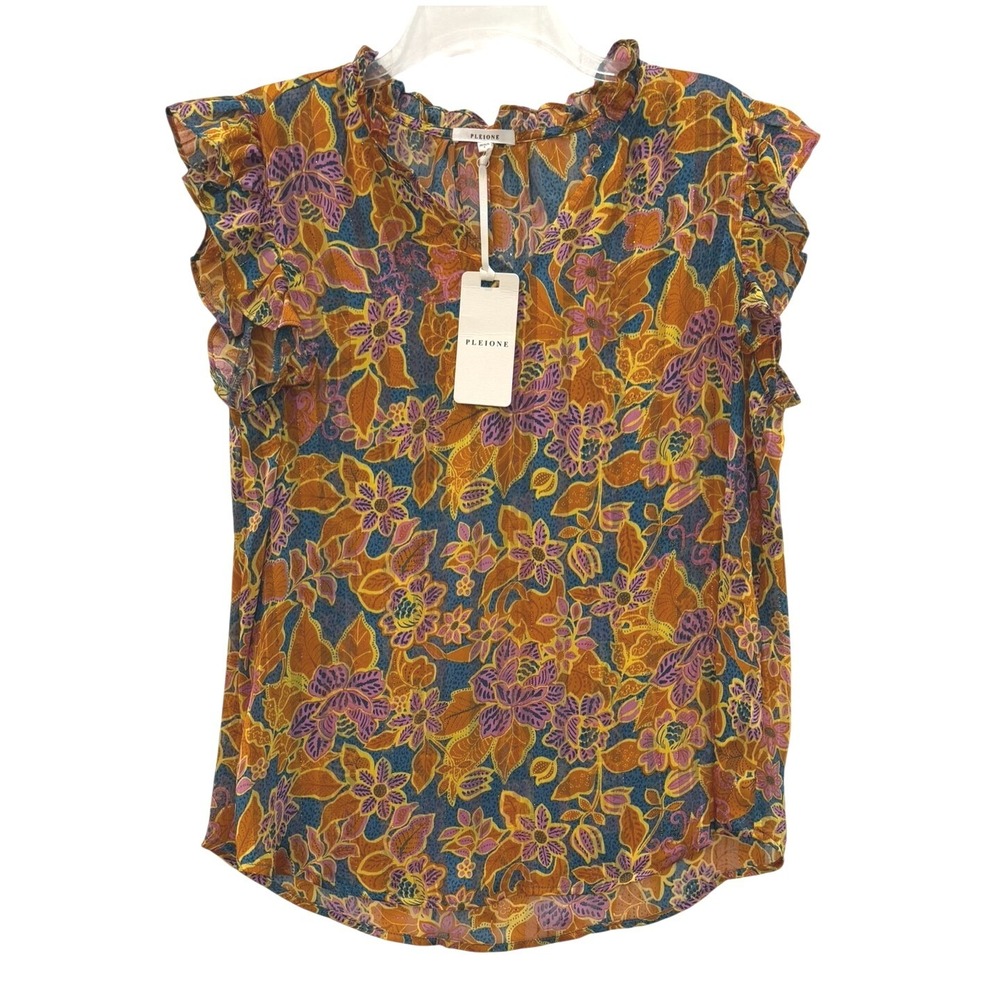 Pleione Floral Ruffle Sleeve Metallic Stripe Blouse Orange Blue Womens Large NWT